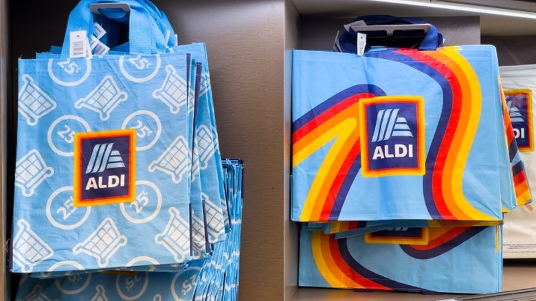 Reusable grocery bags for sale at Aldi.