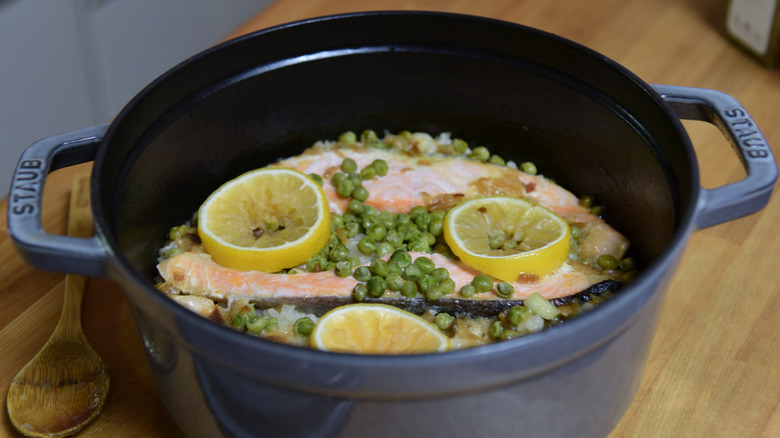 Salmon with lemons and capers in a Staub Dutch oven
