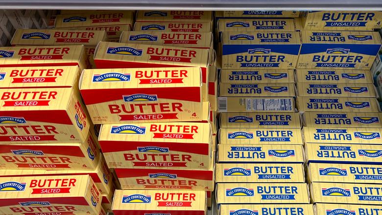 Stacks of salted and unsalted butter in their box packaging