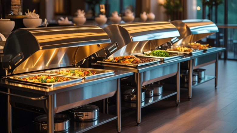 Food lined up in trays at a buffet