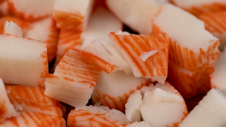 A pile of imitation crab also known as "surimi"