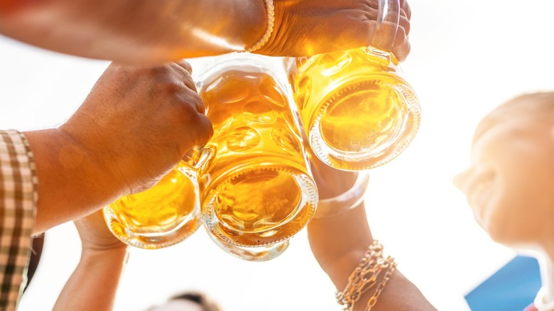 A group of friends toasting in the backyard