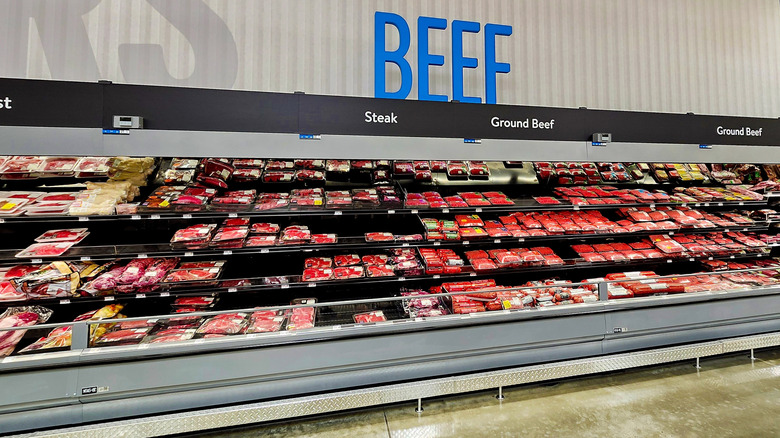 The beef section at a Walmart store showing packages of steak and other meats