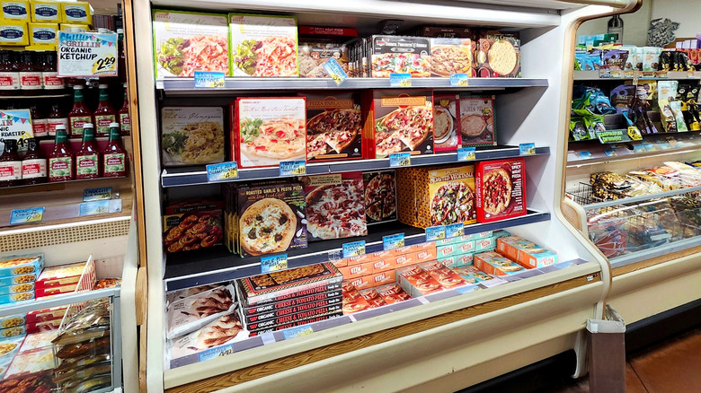 The frozen pizza section at a Trader Joe's store