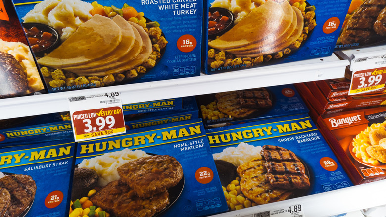 Hungry Man frozen meals in a grocery store