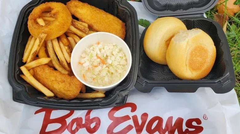 The fish platter from Bob Evans restaurant in a black to-go container