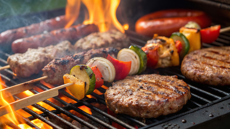 A close-up of food being grilled in an open flame
