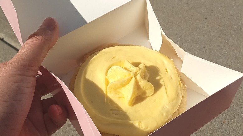 Person holding fruit sugar cookie in box