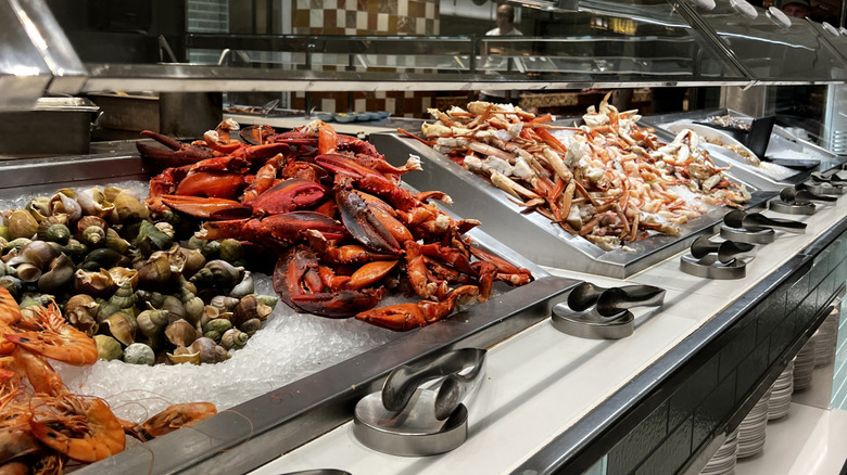 A seafood buffet in Las Vegas is heaped under lights