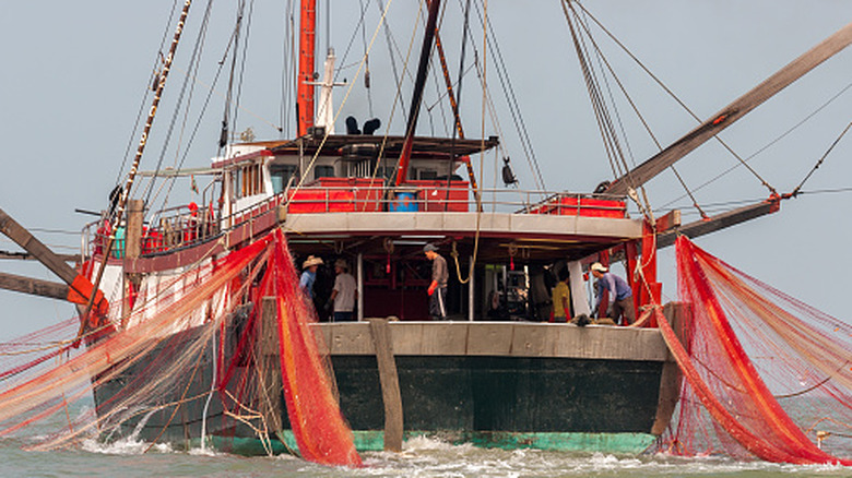 A trowler fishing boat drags red nets through the ocean