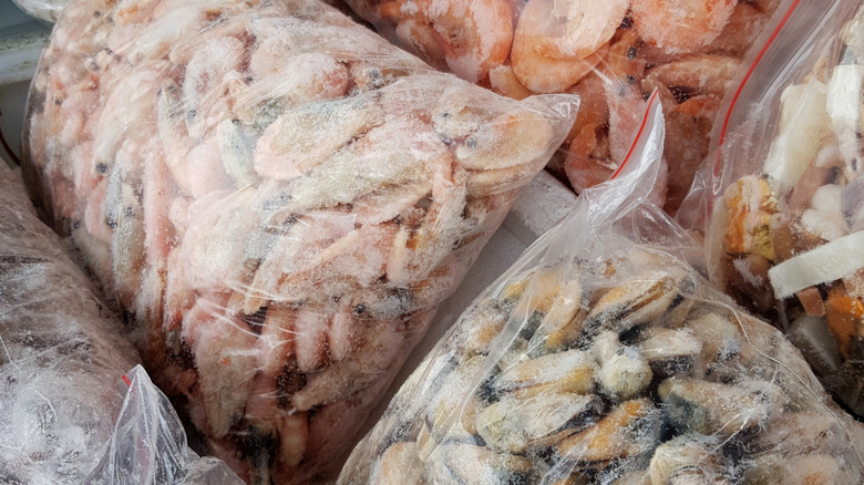Bags of frozen seafood