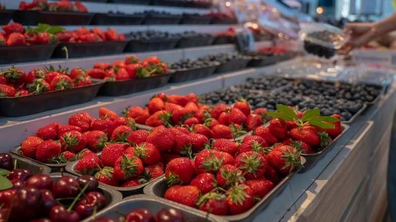A supermarket counter with berries.