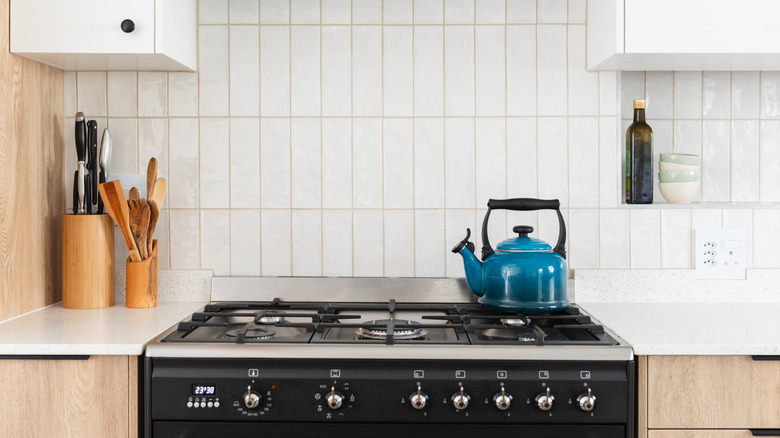 Front view of a stove or range in a kitchen with a blue tea kettle on a burner