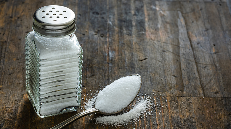 Salt in shaker and spoon