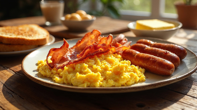 Plate of eggs, bacon, sausage