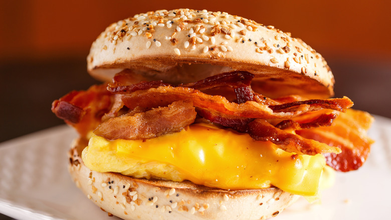 bacon egg and cheese sandwich on an everything bagel