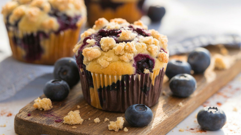 Blueberry muffins on a kitchen counter.