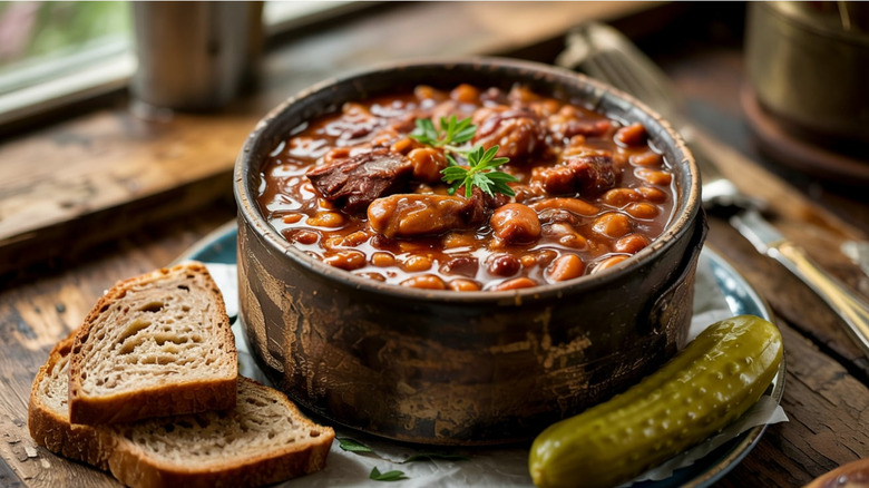 baked beans in a metal bowl with pickles and bread on the side