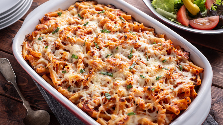 Baked ziti in a baking dish