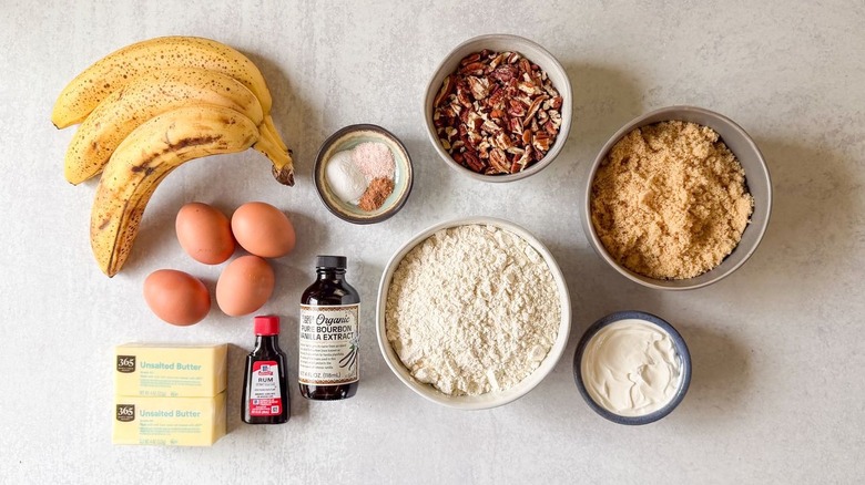Bakery-worthy banana bread ingredients on countertop