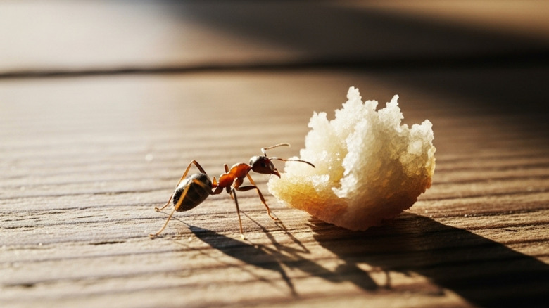 Ant carrying a crumb of bread