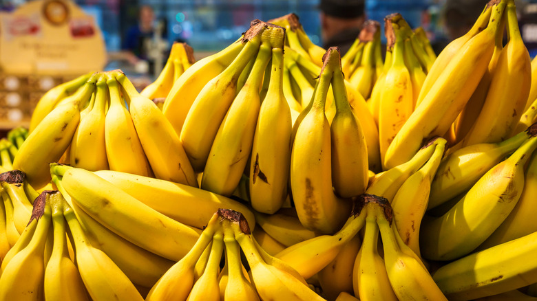 Banana bunches at a grocery store.