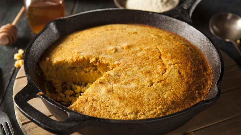 Cornbread in a cast iron skillet.