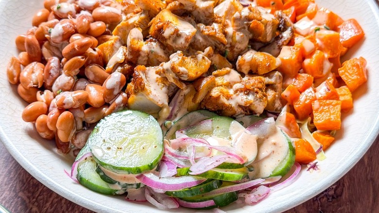 BBQ in a bowl chicken salad close up