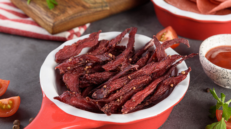 beef jerky strips in a bowl