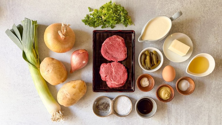 Beef Rydberg-style steak and potatoes ingredients on countertop