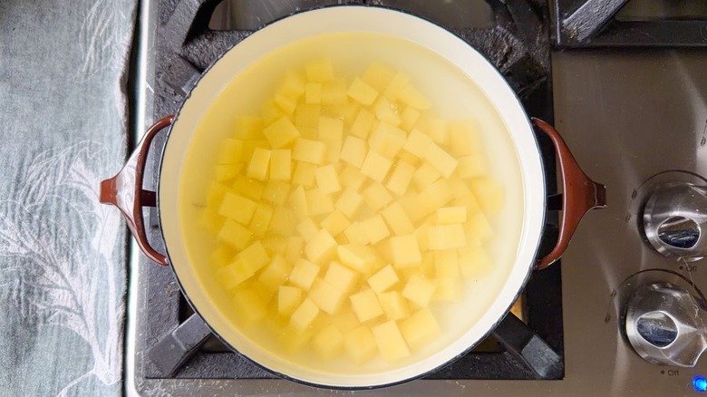 Cubed yellow potatoes in pot of water on stovetop