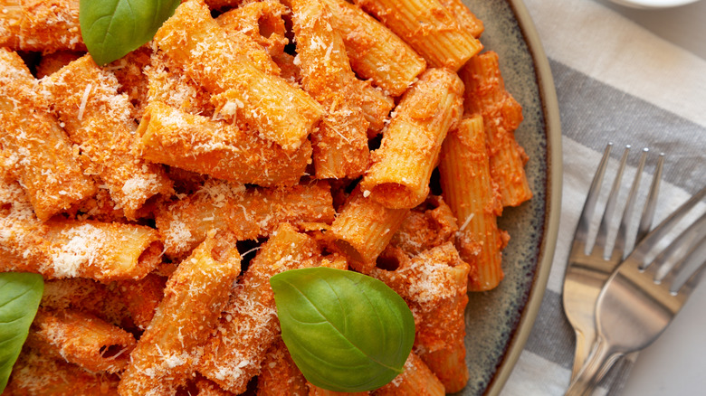 Homemade Vodka Rigatoni Pasta with Parmesan and Basil, top view. Flat lay, overhead, from above. Close-up.