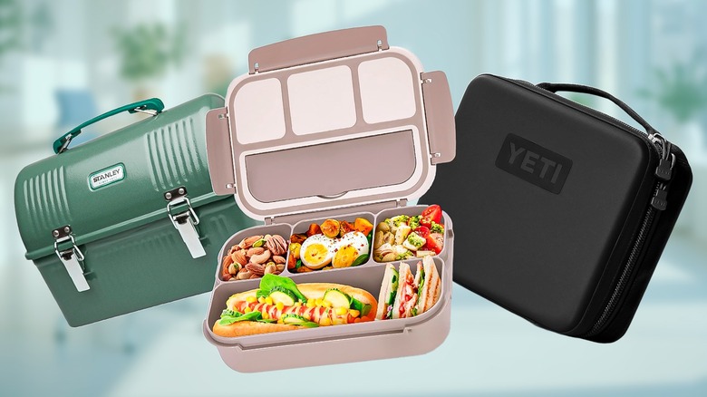 Stanley, Yeti, and bento-style lunchboxes on blue background