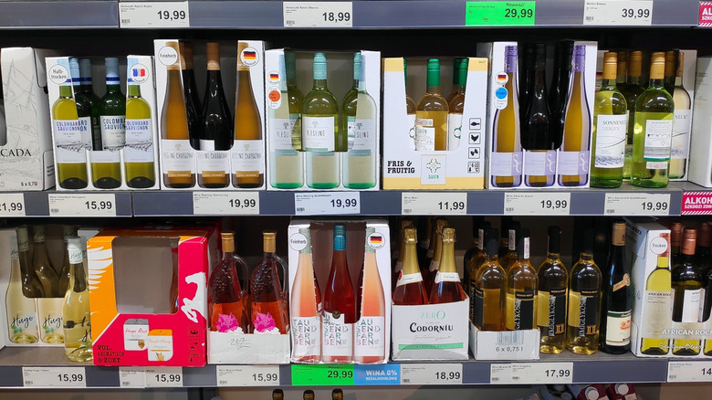 bottles of wine on Aldi shelves