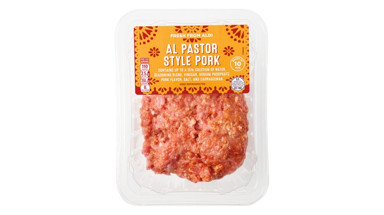 A package of Aldi's Al Pastor Style Pork on a white background