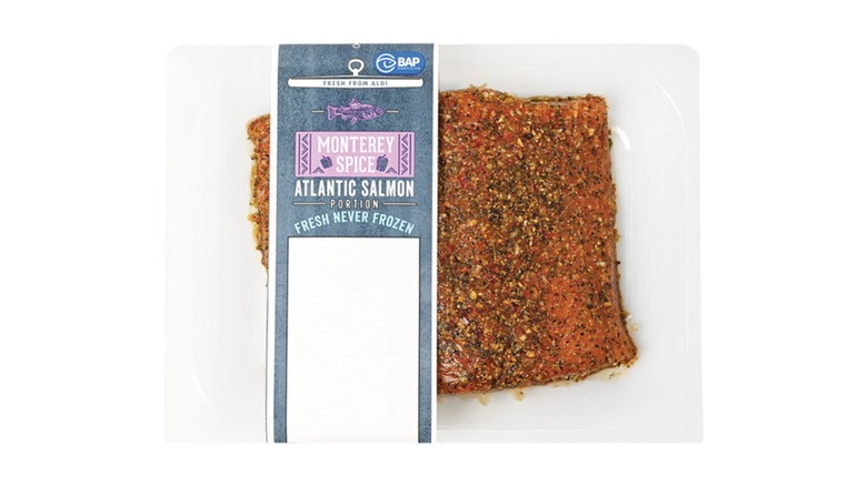 A package of Aldi's Fresh, Never Frozen Salmon with Monterrey Spice on a white background