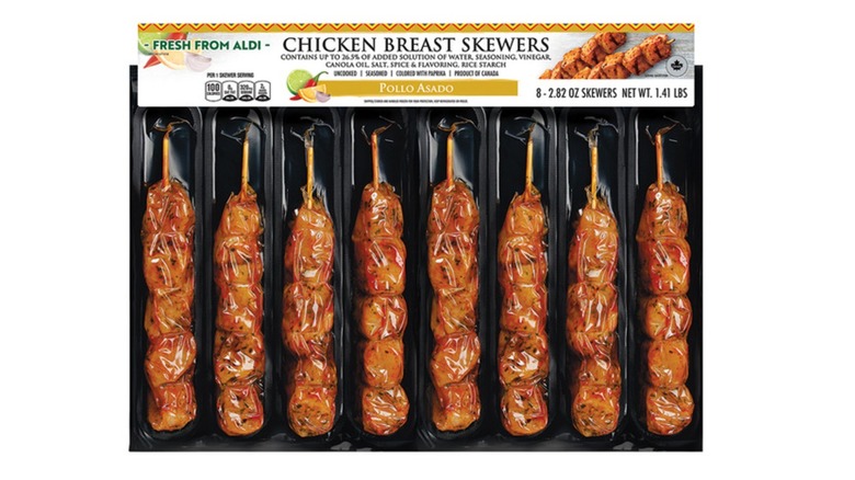 A pack of Aldi's Pollo Asado Chicken Skewers on a white background