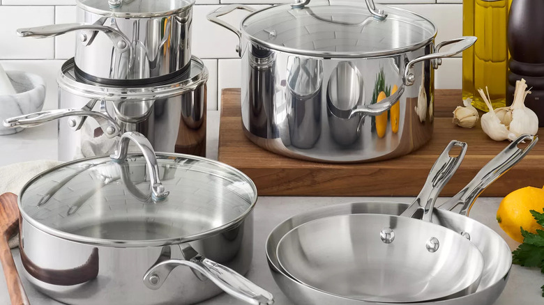 Cookware set on a white countertop