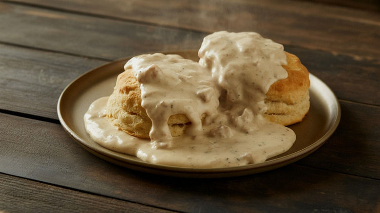 A plate of biscuits and gravy on a table