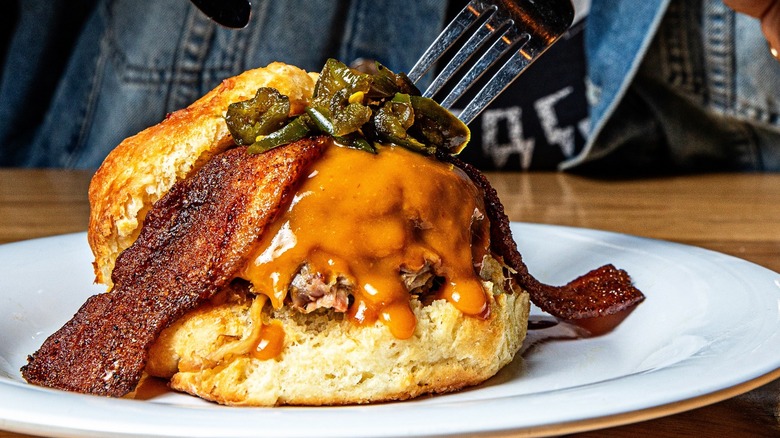 A biscuit sandwich on a plate at Vicious Biscuit