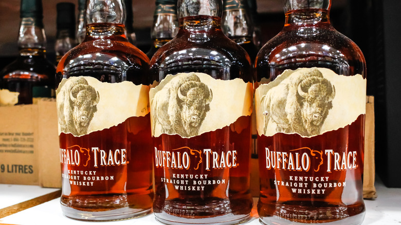 Bottles of Buffalo Trace bourbon on a shelf at a store