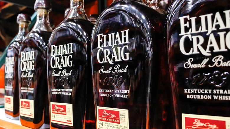 Bottles of Elijah Craig bourbon on a shelf at a Costco