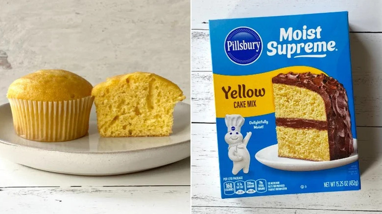 Pillsbury Moist Supreme Yellow cake mix box and a cupcake version on a plate