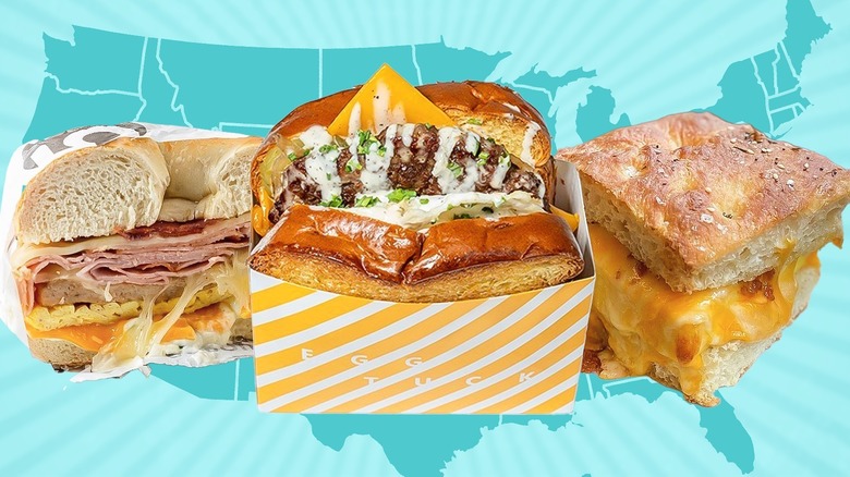 Three breakfast sandwiches in front of a map of the United States