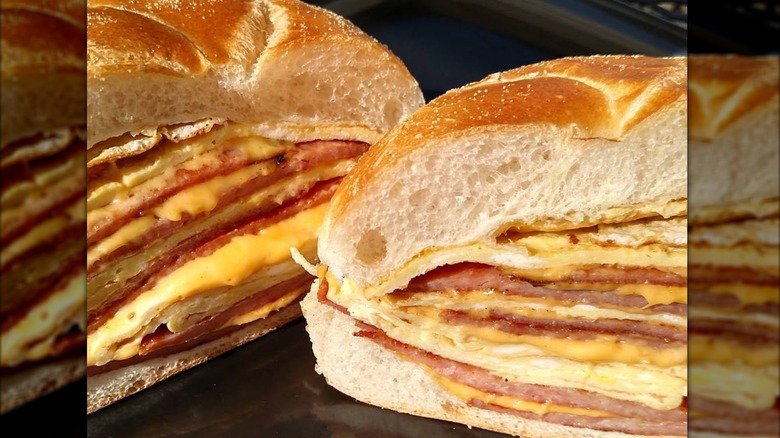 Two halves of a Taylor Egg, Ham & Cheese at Pascarella Bros. in Chatham
