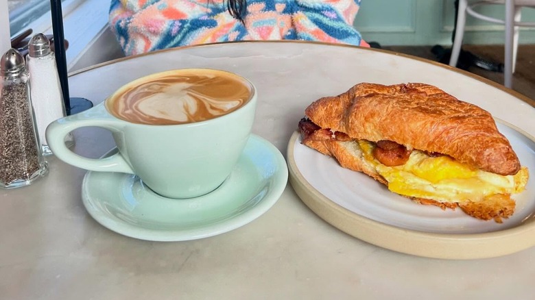 A latte and the Egg Sandwich at Persephone in Jackson Hole
