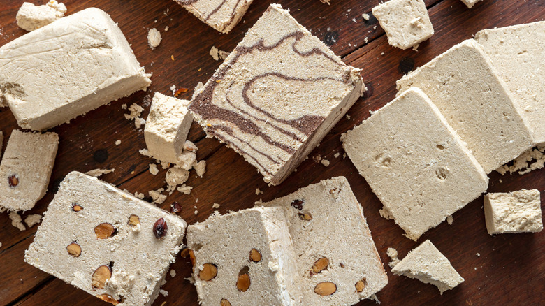 Different varieties of halvah sliced