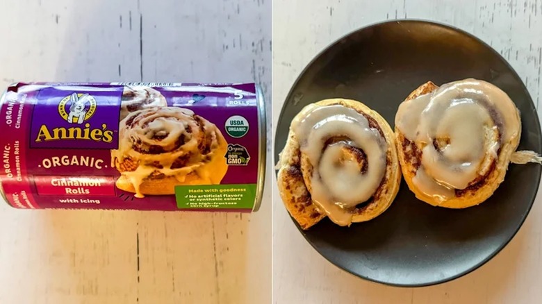 A side by side image of Annie's cinnamon rolls in a can and baked on a plate