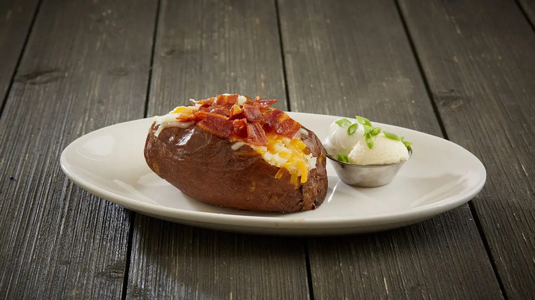 A loaded baked potato from BJ's Restaurant & Brewhouse