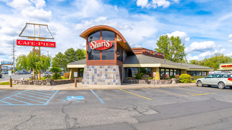 Exterior of a Shari's Restaurant on a sunny day with blue skies